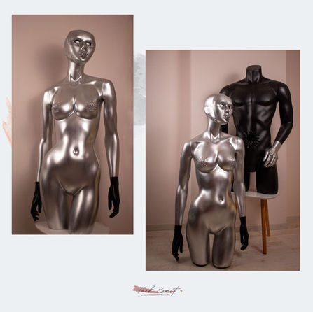 Silberne Schaufensterpuppe Isolde mit geneigtem Kopf – Skulptur