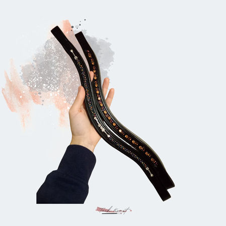 Two browbands in copper and black glitter – handmade leather pieces