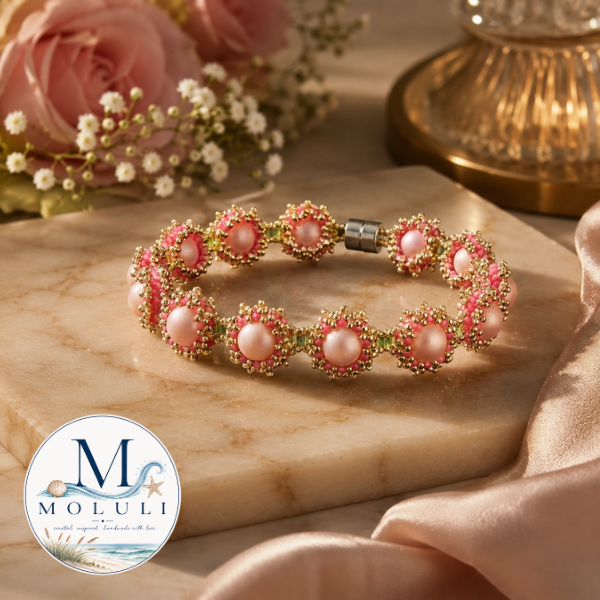 Blushing Petals Bracelet styled on a marble surface with soft floral accents and romantic pink tones.