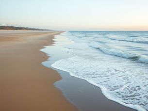 Gentle waves wash onto an empty sandy beach at sunrise, with distant dunes and a calm pastel sky.