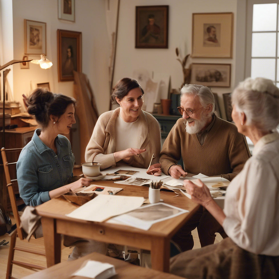 create an image of three people talking in a comfortable artists studio setting. Some have