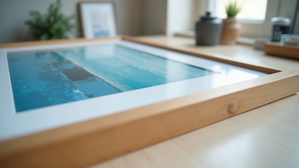 Close-up view of a framed artwork with detailed wooden frame and UV-protective glass