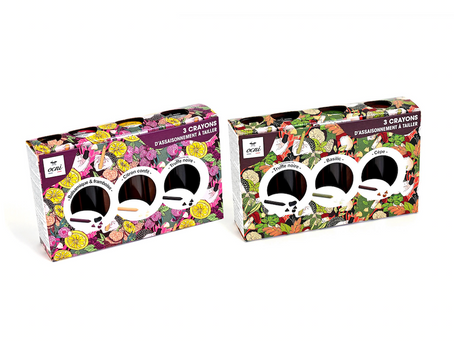 Boîtes colorées de 3 crayons d’assaisonnement à tailler, avec étuis transparents. Packagings à motifs réalisé par lucille pattern.