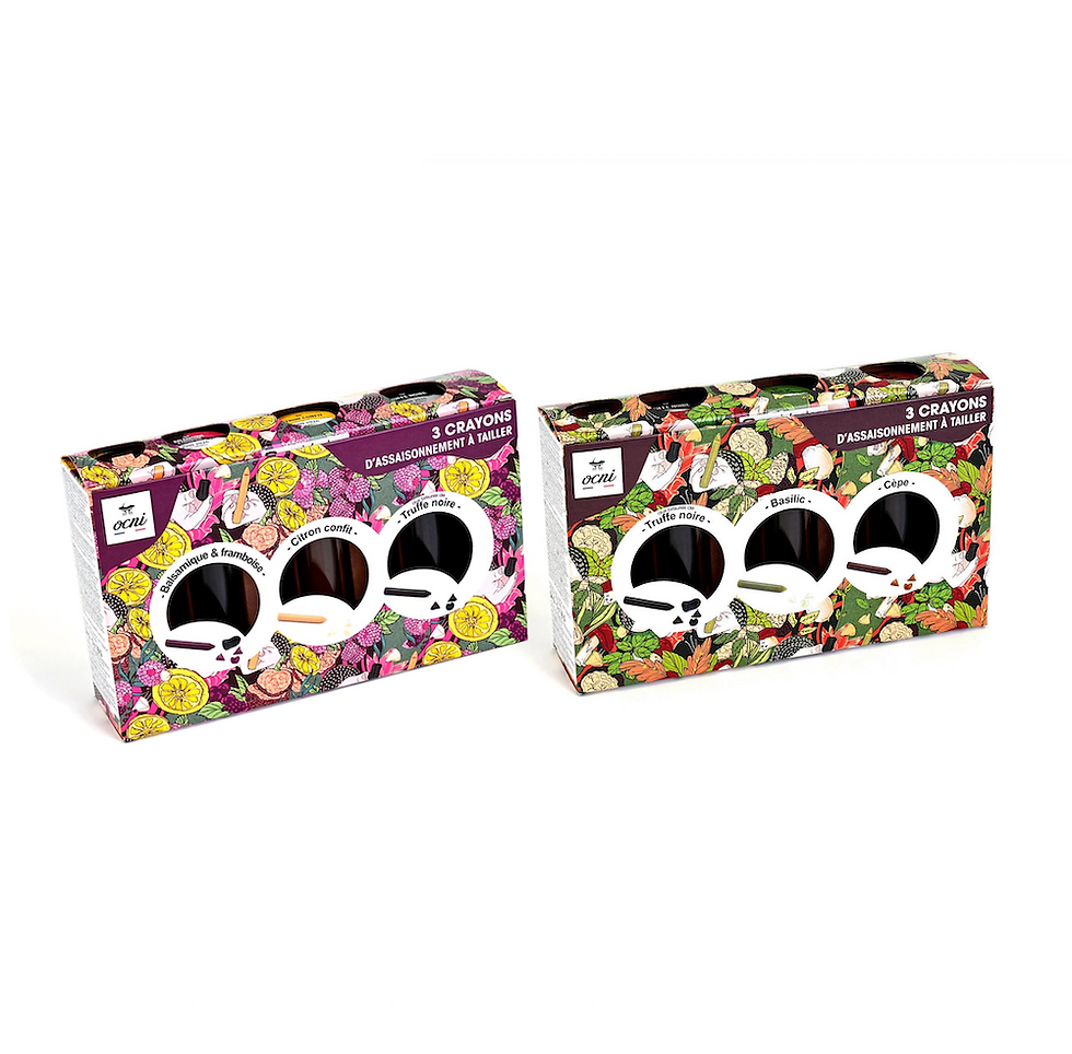 Boîtes colorées de 3 crayons d’assaisonnement à tailler, avec étuis transparents. Packagings à motifs réalisé par lucille pattern.