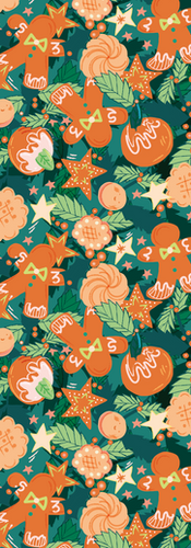 Biscuits, bonshommes pain d'épice et boules de Noël colorées sur fond de feuilles vertes, étoiles jaunes, ambiance festive et joyeuse.