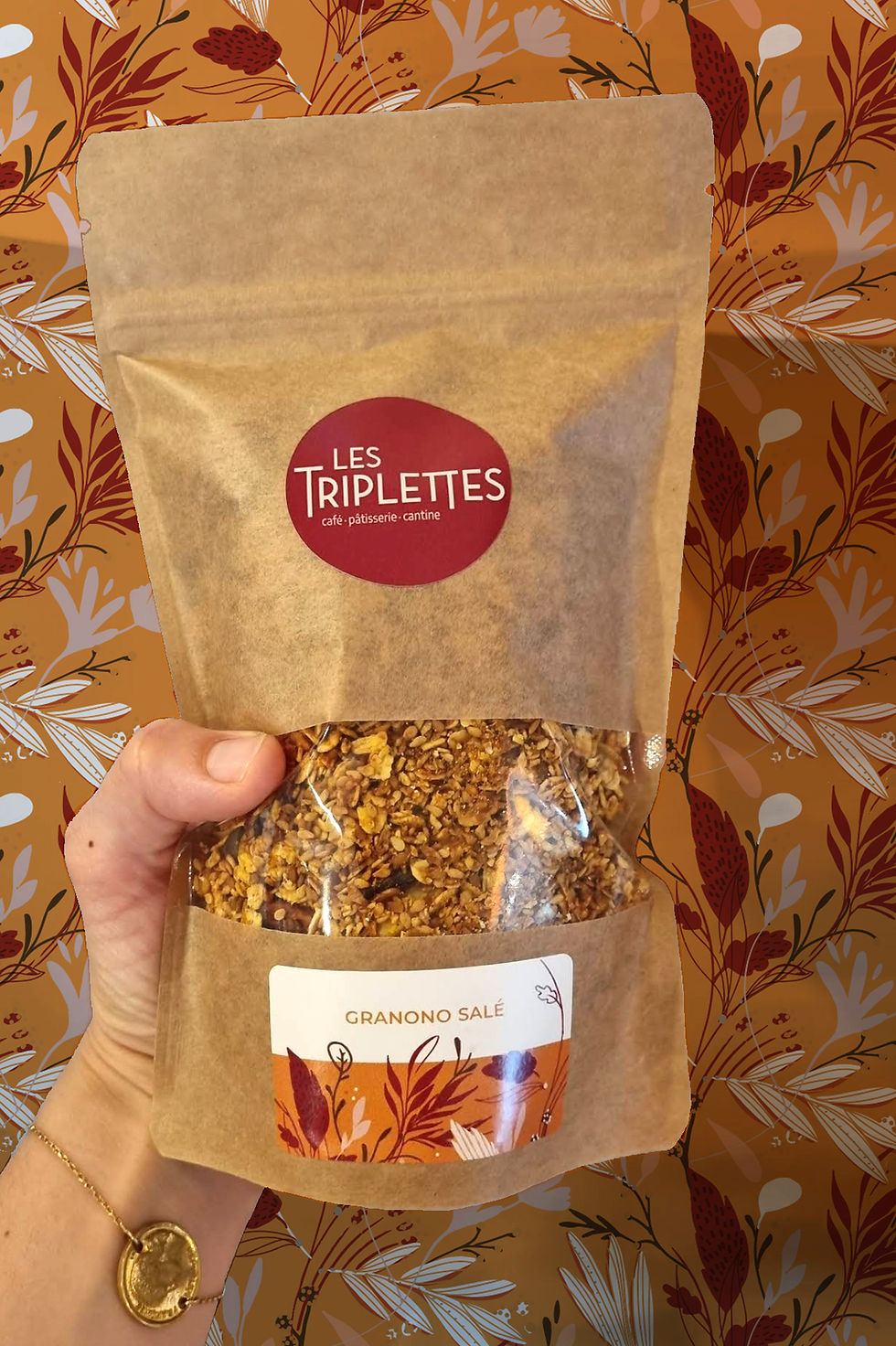 Doypack illustré pour granola avec emballage souple refermable.