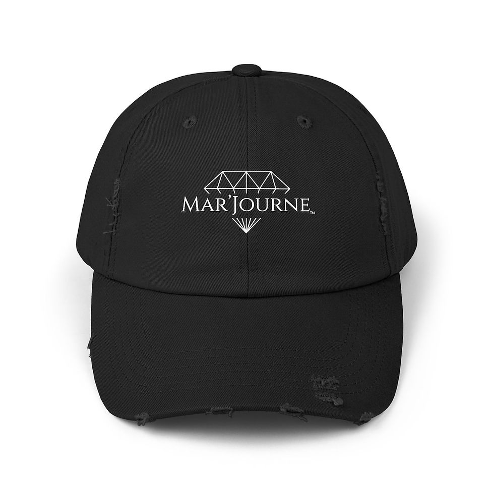 Black distressed baseball cap with MAR JOURNE diamond logo