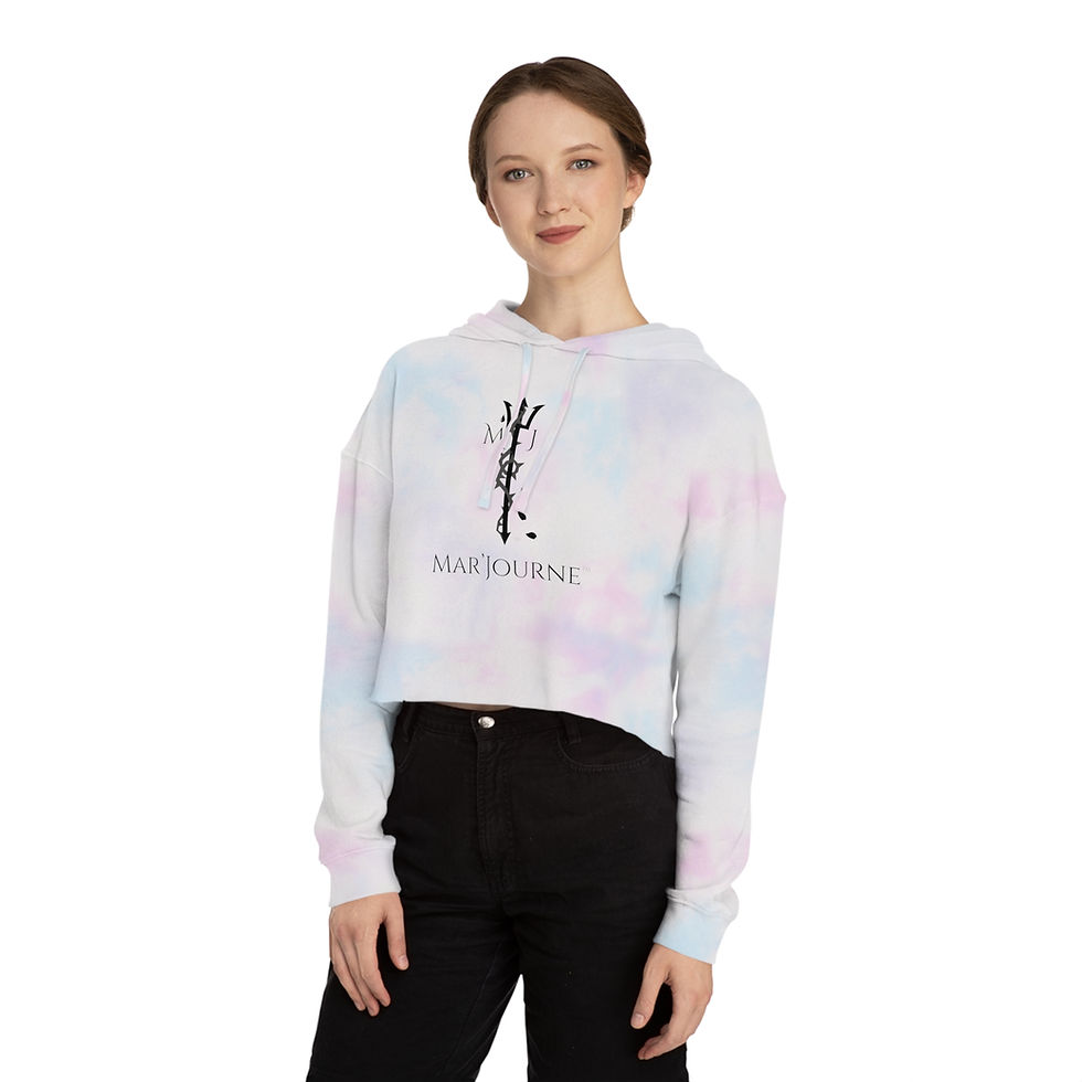 Woman wearing tie-dye cropped hoodie with 'MAROON SINE' text