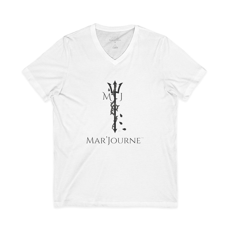 White V-neck shirt with black MAR' JOURNE trident logo