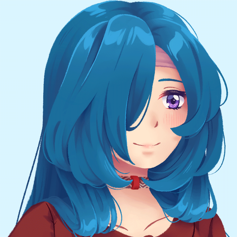 An animated reel cycling through a range of facial expressions. The girl has long, teal blue hair and her bangs cover her left eye. Her eyes are purple and her skin is pale. She wears a mauve headband, a red choker, and a red blouse.