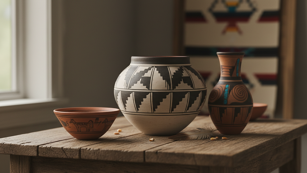 Eye-level view of traditional Native American pottery on a wooden table