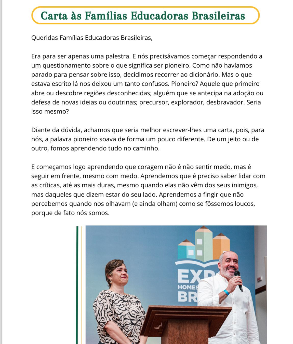 Carta às Famílias Educadoras Brasileiras