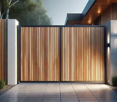 DALL·E 2025-04-03 13.40.09 - A modern cedar single swing driveway gate with clean horizont