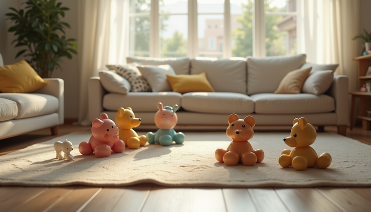 Eye-level view of a cozy family living room with children's toys neatly arranged