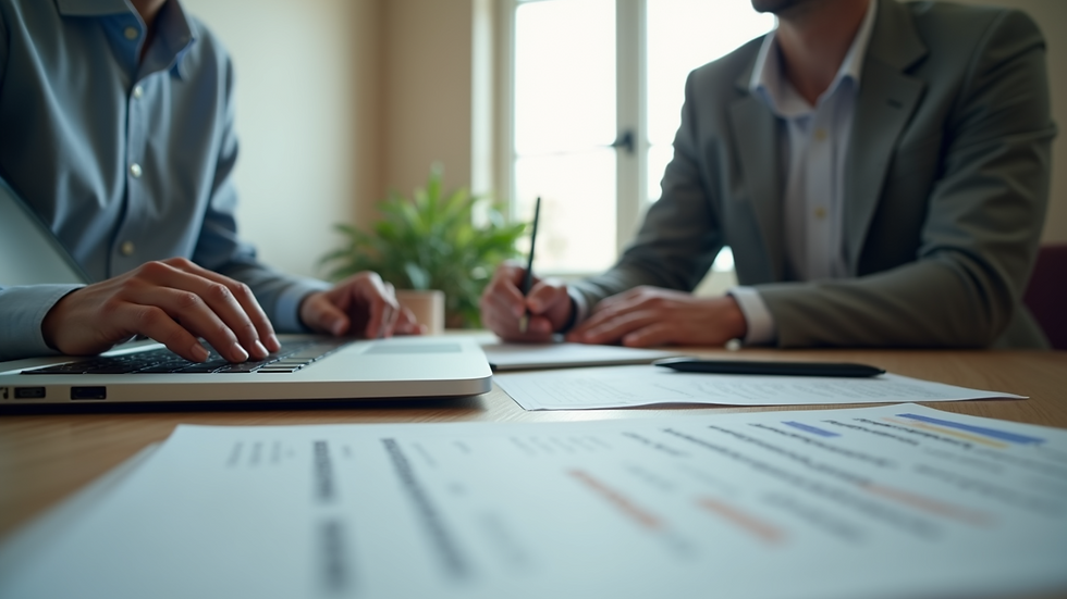 Eye-level view of a small business office with a laptop and paperwork