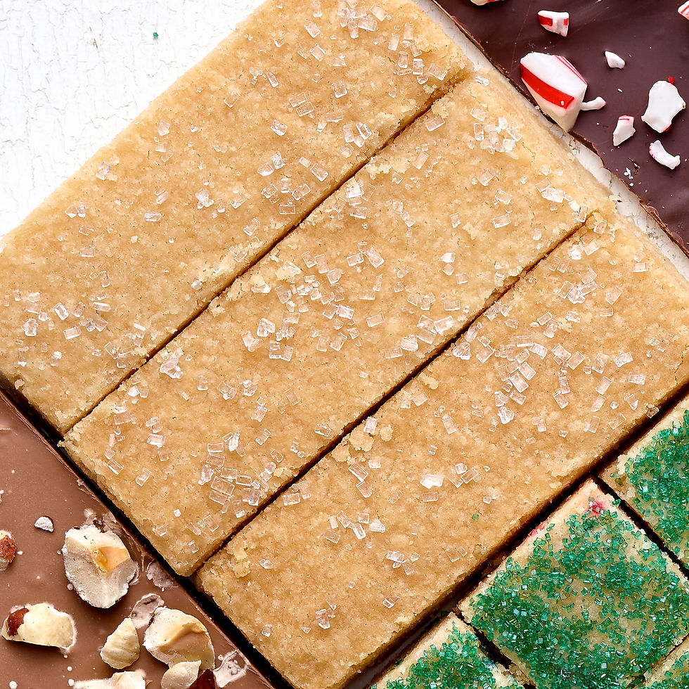 A picture of rectangles of golden shortbread cookies sprinkled with sugar