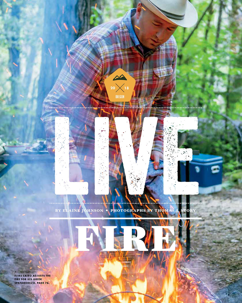 A picture of Elias Cairo of Olympia Provisions cooking over a campfire
