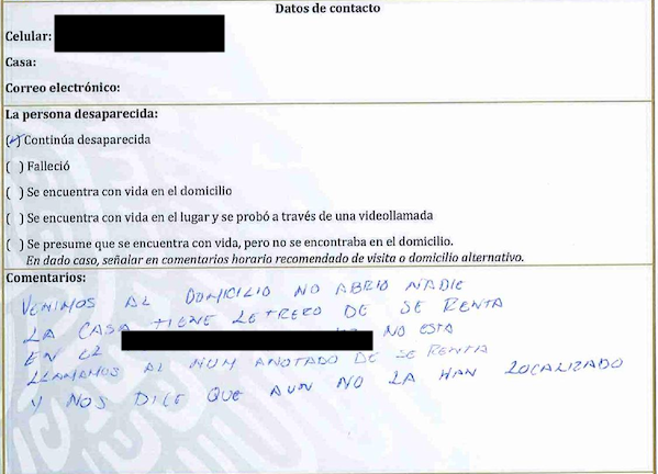Informe de localización elaborado por personal de la comisión de búsqueda de Michoacán de la visita al domicilio de una mujer desaparecida en 2022. Se consigna que sigue desaparecida, pero su FUB está en la lista de localizados. (Quinto Elemento Lab)