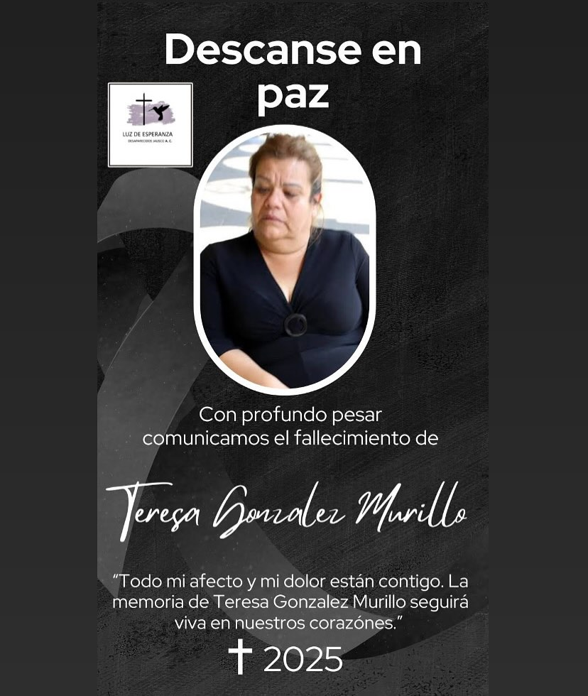 Esquela del Colectivo Luz de Esperanza, Jalisco, en memoria a Teresa González Murillo.