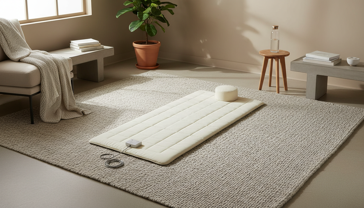 Wide-angle view of a peaceful home recovery space with a PEMF mat on the floor