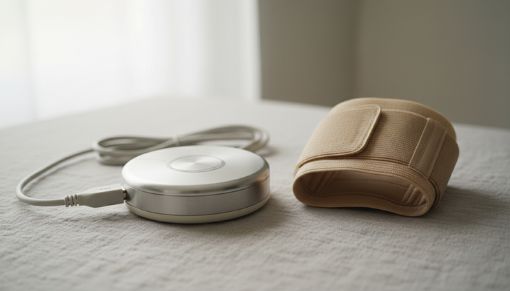 Close-up view of a compact PEMF applicator resting beside a knee support