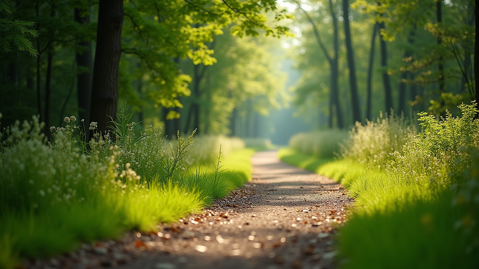 Close-up view of a serene outdoor trail surrounded by green trees