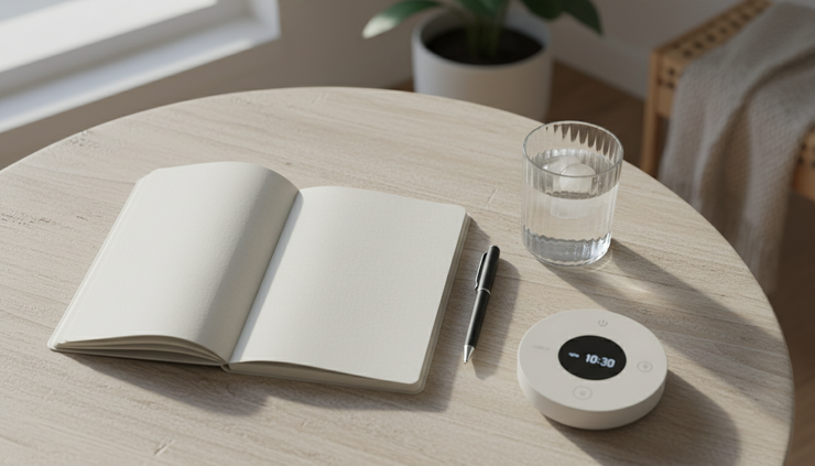 Overhead view of a notebook beside a PEMF controller and a glass of water