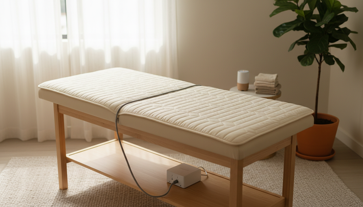 Eye-level view of a pulsed electromagnetic field therapy mat on a calm treatment table