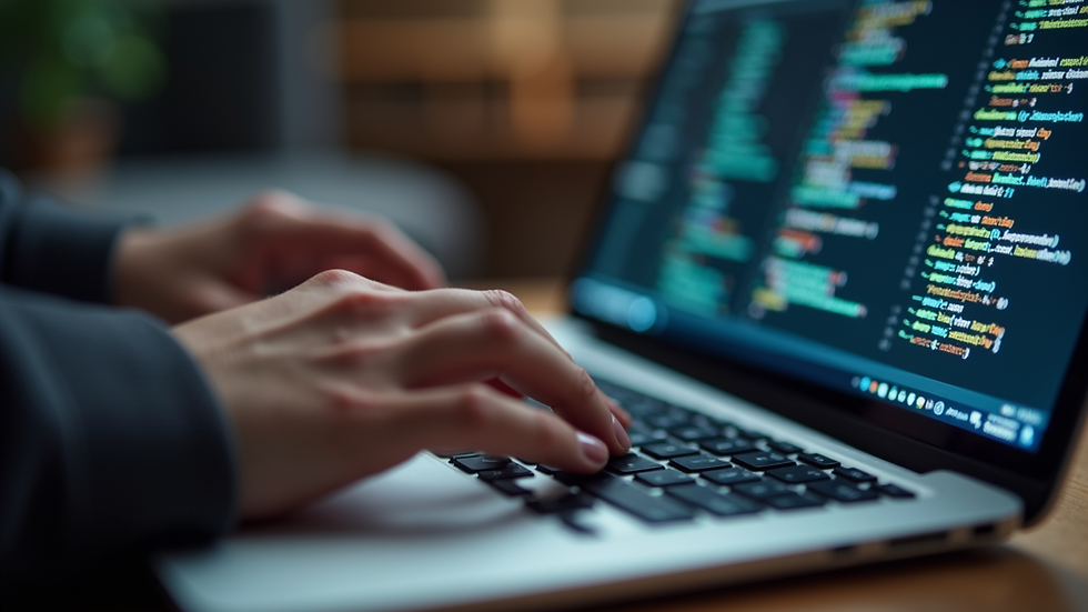 Close-up view of a person typing on a laptop with AI code suggestions