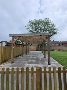 Newly built patio, with a wooden pagoda shaded feature for a client