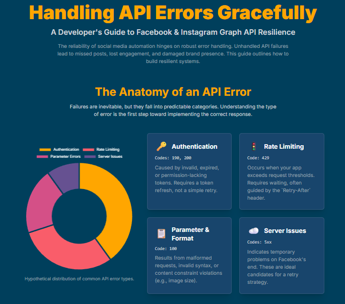 Infographic on handling API errors with sections on authentication, rate limiting, parameter, and server issues. Colorful chart included.
