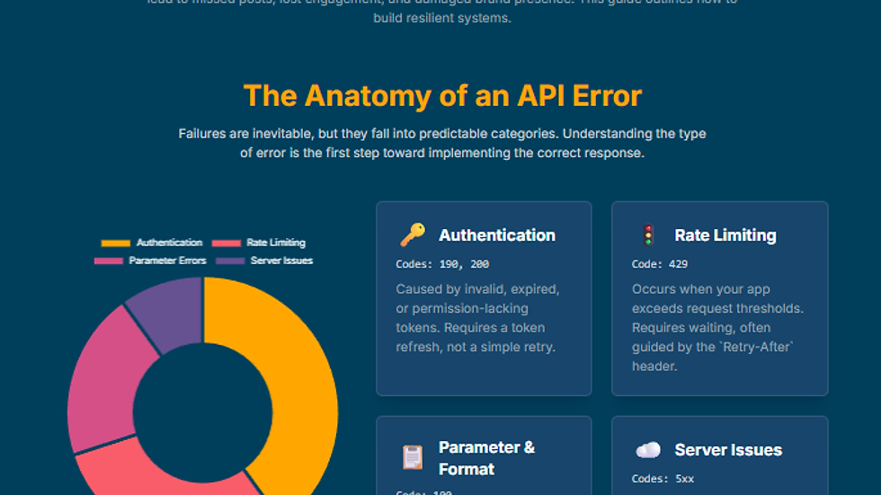 Infographic on handling API errors with sections on authentication, rate limiting, parameter, and server issues. Colorful chart included.