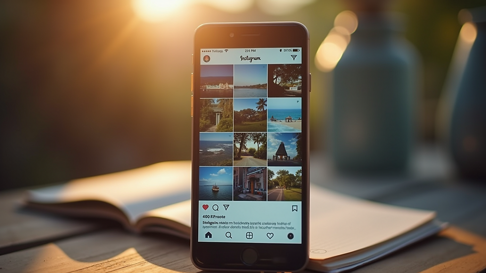 Eye-level view of a smartphone displaying Instagram feed with colorful posts