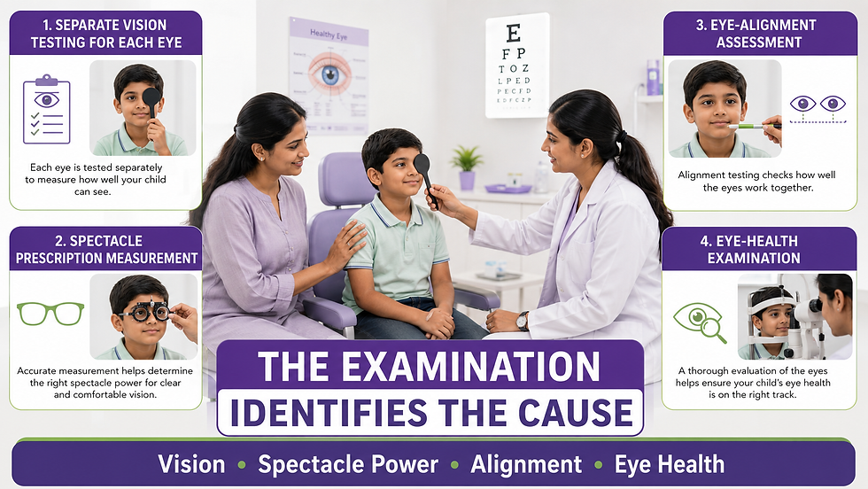 Child eye examination checking vision, spectacle power, alignment and eye health.