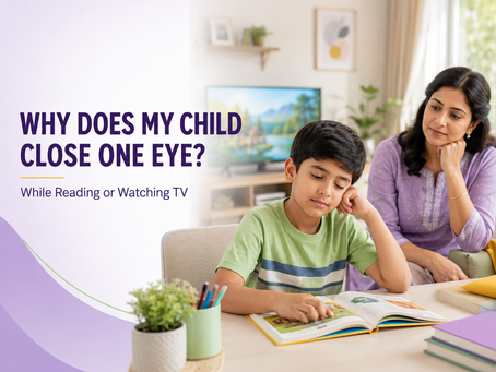 Child closing one eye while reading as a parent observes the behaviour.