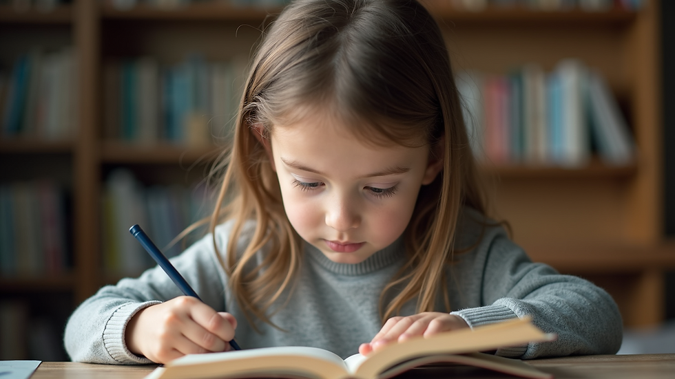 Eye-level view of a child reading with focused interest