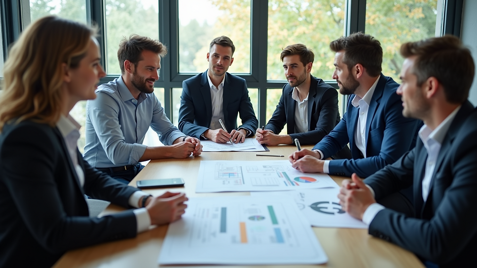 High angle view of a meeting between engineers and consultants discussing project plans
