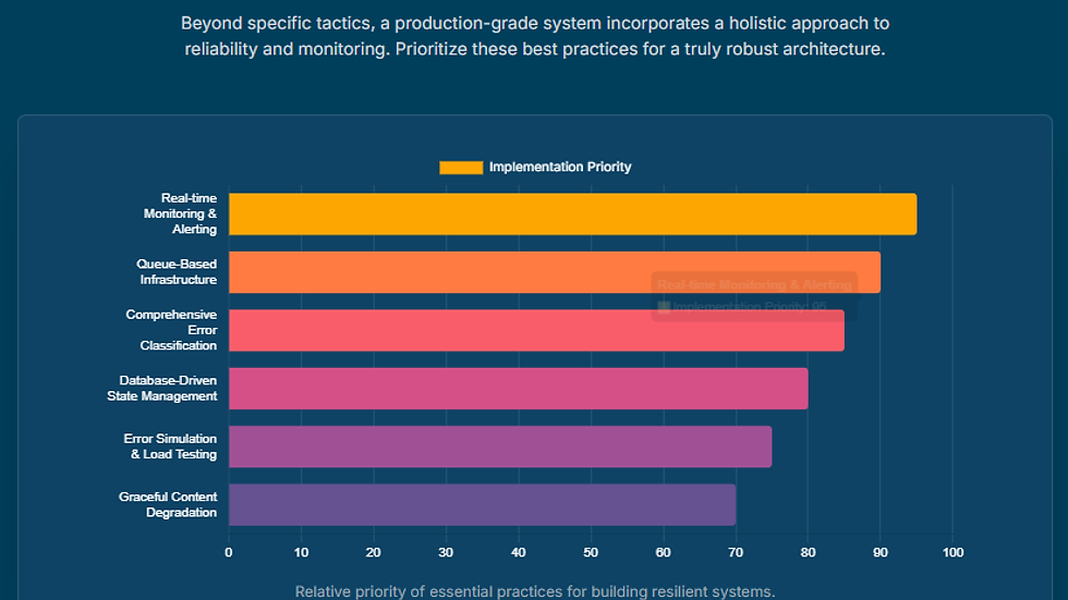 Bar chart titled "The Production-Ready Playbook" shows implementation priorities for resilient systems in orange and pink bars on a dark blue background.