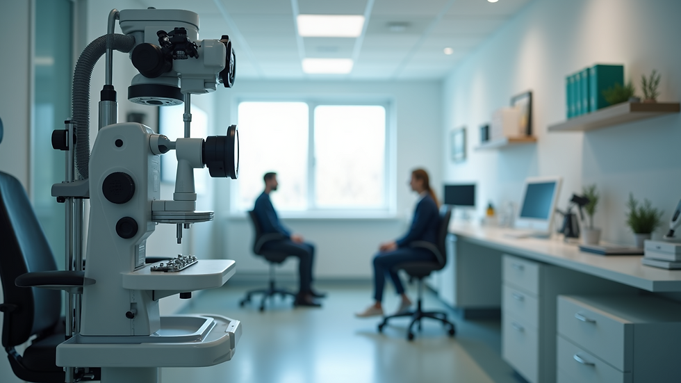 High angle view of an optometrist's consulting room with professional equipment for eye care