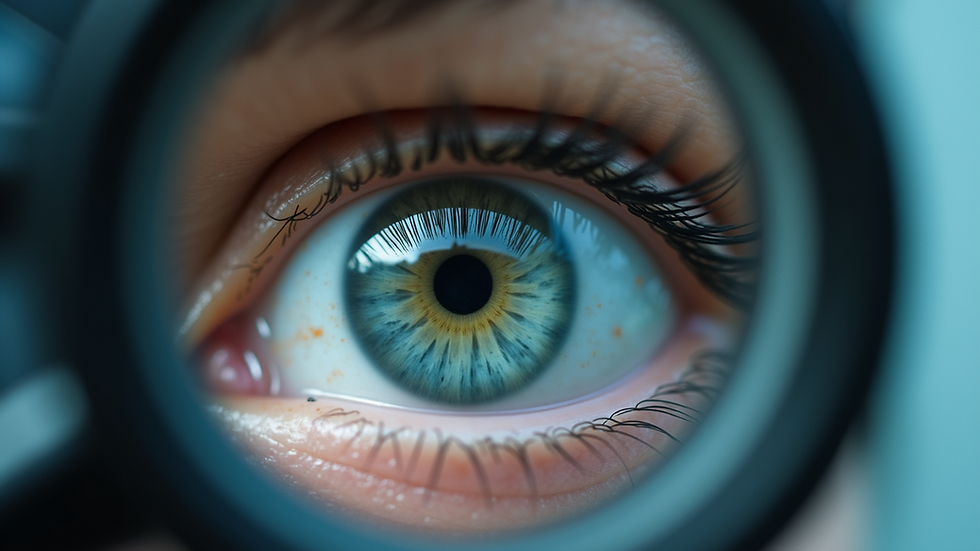 Eye-level view of a single eye demonstrating clarity through a magnifying lens