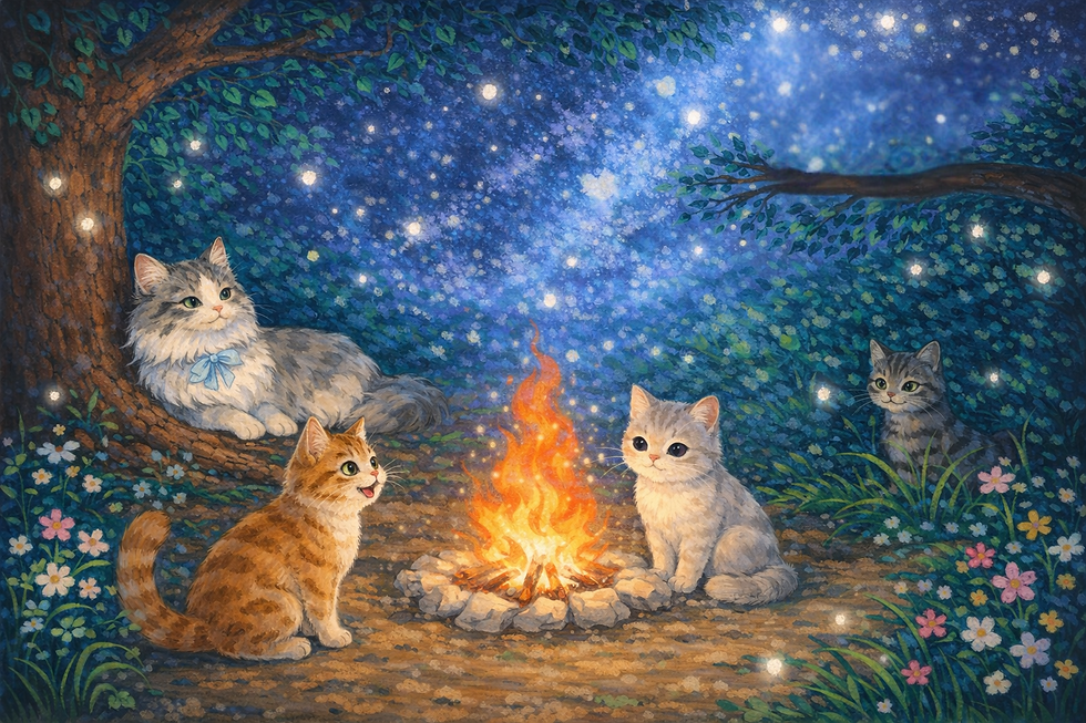 焚き火を囲む猫たち