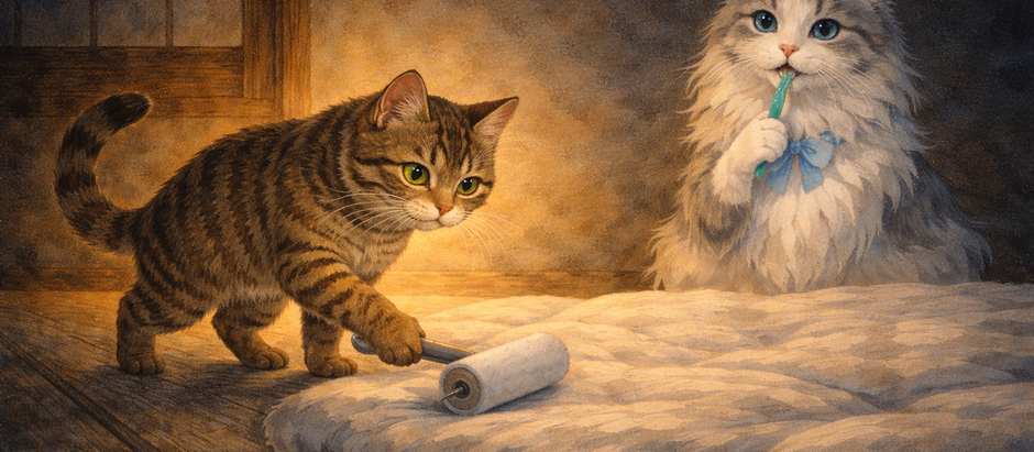 ココが真面目な顔でふとんにころころをかけている様子。チャーフィーは歯磨きしながら見守っている