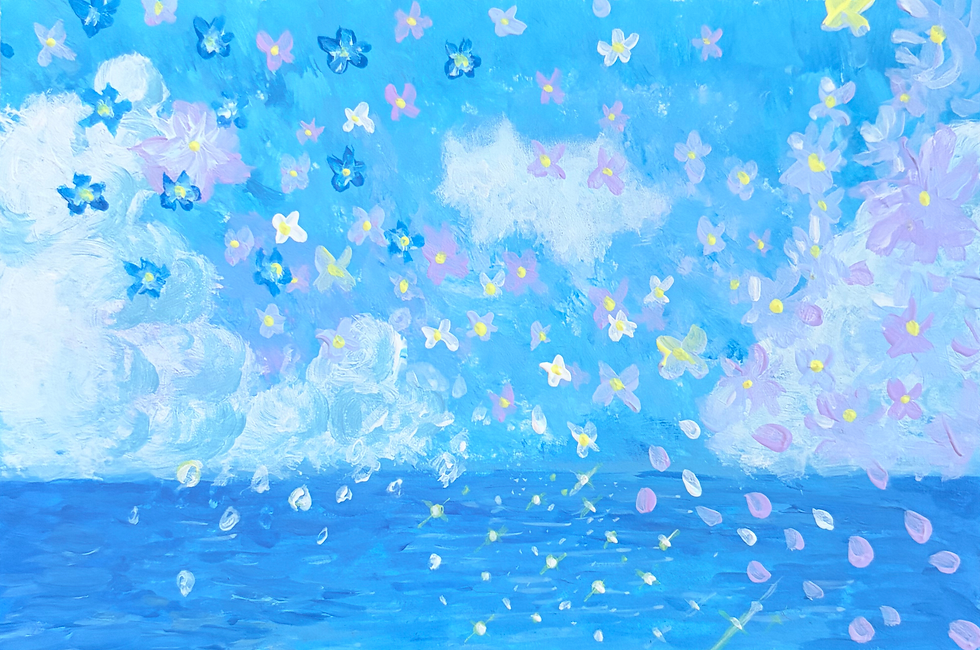青い空と海の境界が溶け合う景色に、白と紫の花びらが舞い散るアクリル画。愛猫への追悼の想いを込めた作品