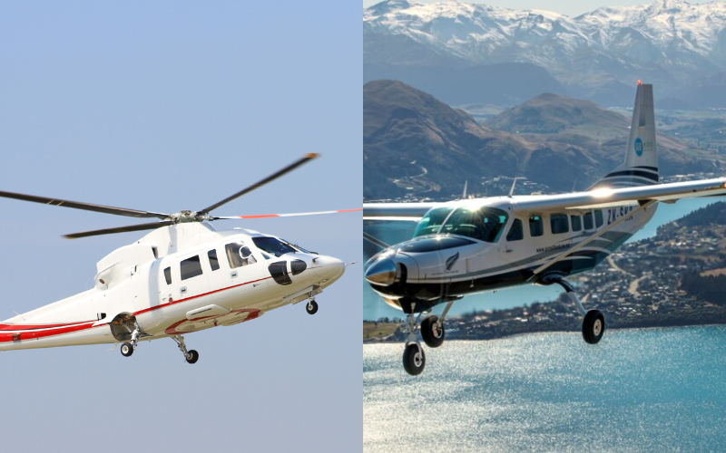 Side-by-side image of a helicopter in flight on the left and a small scenic airplane flying over a landscape on the right, comparing two types of aerial tours