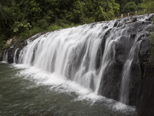 A wide waterfall cascades over a rocky ledge into a flowing river below, surrounded by dense green forest and a small viewing path above