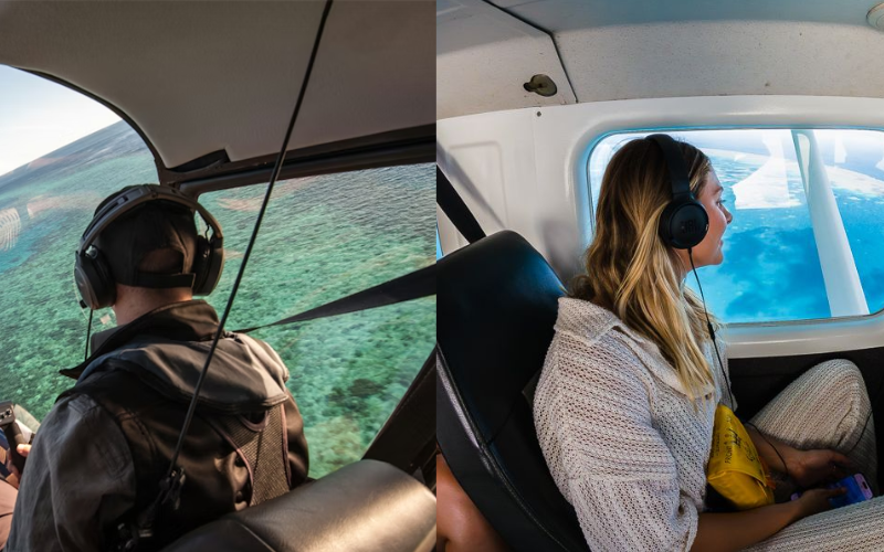 Split image showing a passenger in a helicopter on the left and a passenger in a small plane on the right, both wearing headsets and looking out at the landscape below during a scenic flight