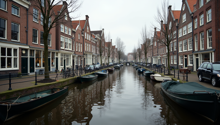 Ooghoogte uitzicht op de historische grachten van Dokkum met oude pakhuizen langs het water