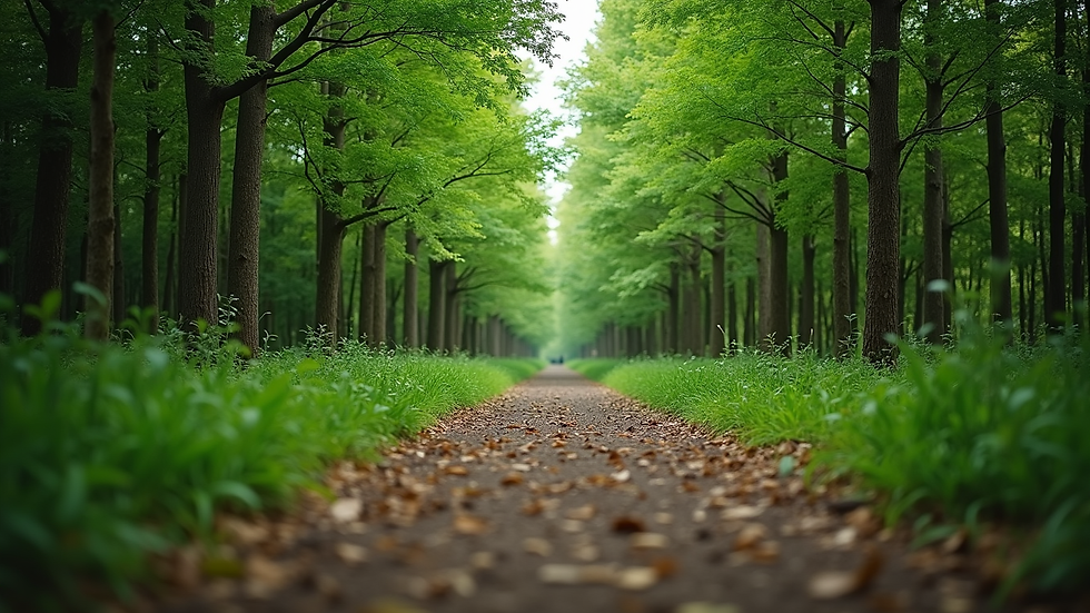 Eye-level view of a peaceful forest trail surrounded by green trees