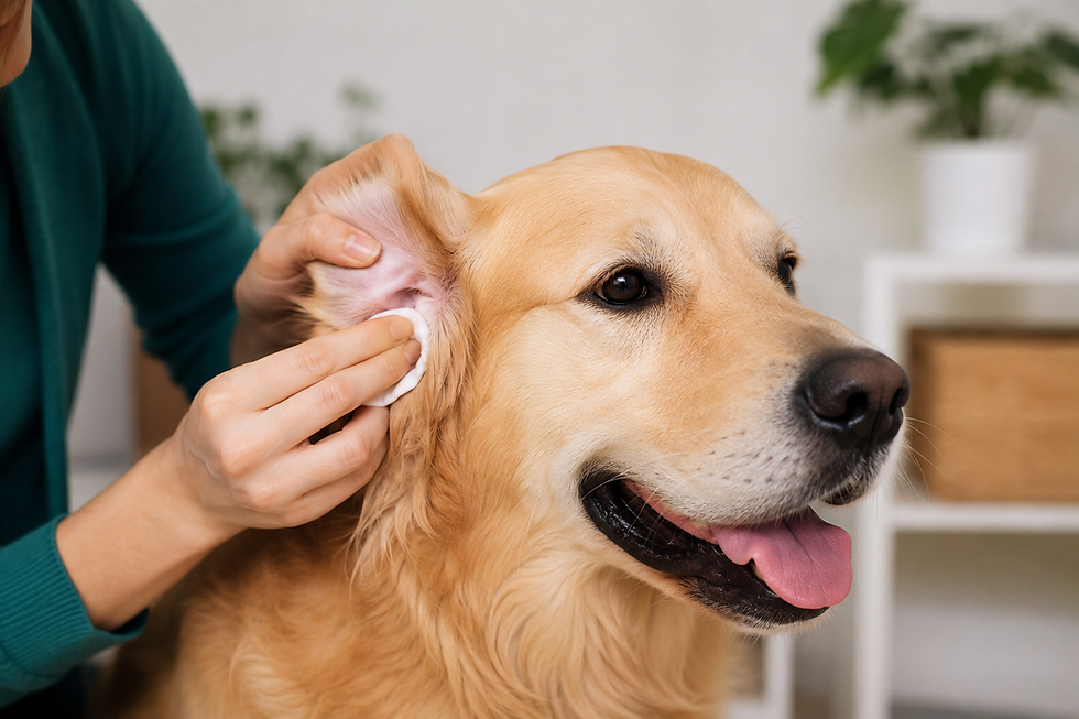 A human cleans a Golden Retriever ear.