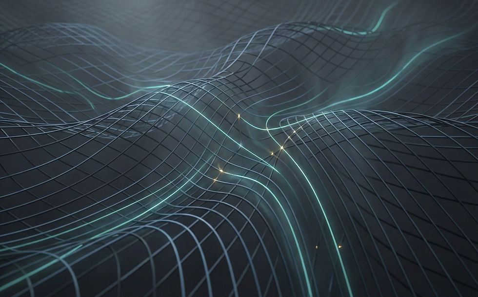 Wavy grid lines with glowing teal and gold paths, set against a dark, moody background, creating a futuristic and dynamic visual effect.